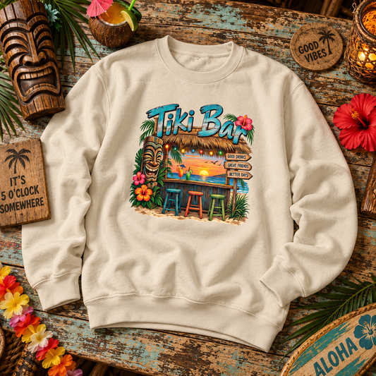 Tiki Bar Crewneck Sweatshirt — Retro Tropical Sunset Design