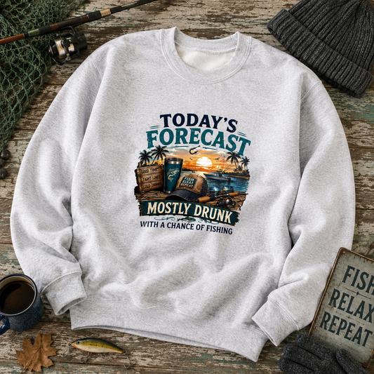 A light heather gray crewneck sweatshirt laid flat on a rustic wooden surface, featuring a colorful graphic print with the text 'TODAY'S FORECAST MOSTLY DRUNK WITH A CHANCE OF FISHING' and an illustration of a sunset, beer, and fishing gear. The sweatshirt is styled with a fishing rod, net, mug, and other autumn-themed props.