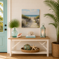 Nautical-themed entryway with a bench, lantern, and beach-themed decor.