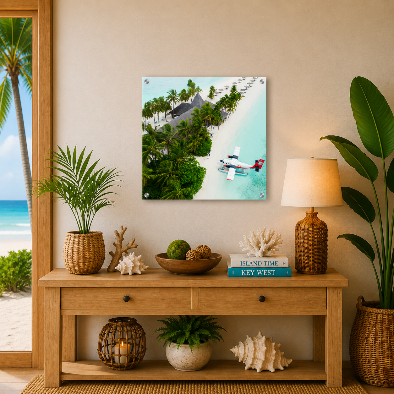 Nautical-themed room with a wooden console table, decorative items, and a beach scene painting.