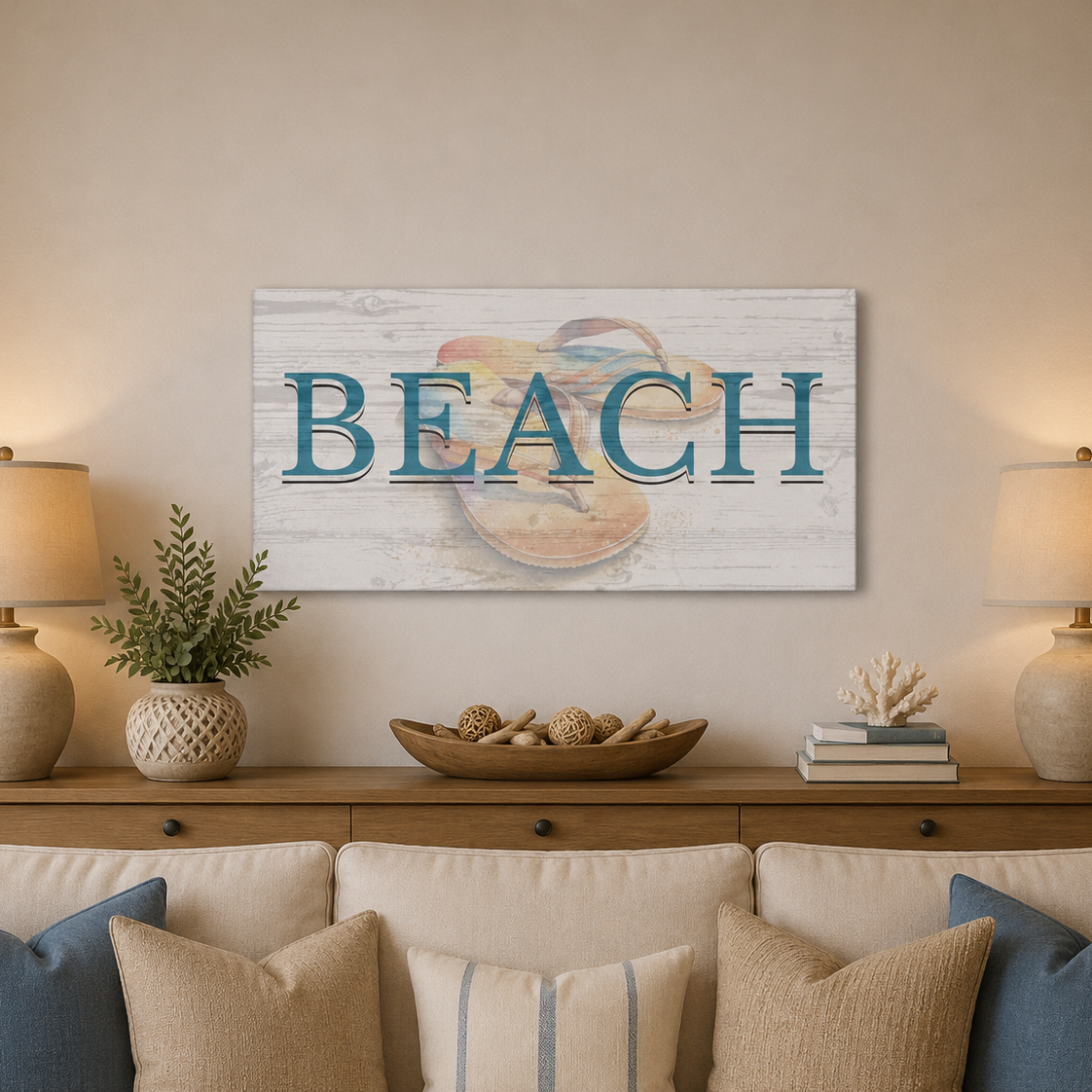 Living room with 'BEACH' sign above a wooden console table, lamps, and decorative items.