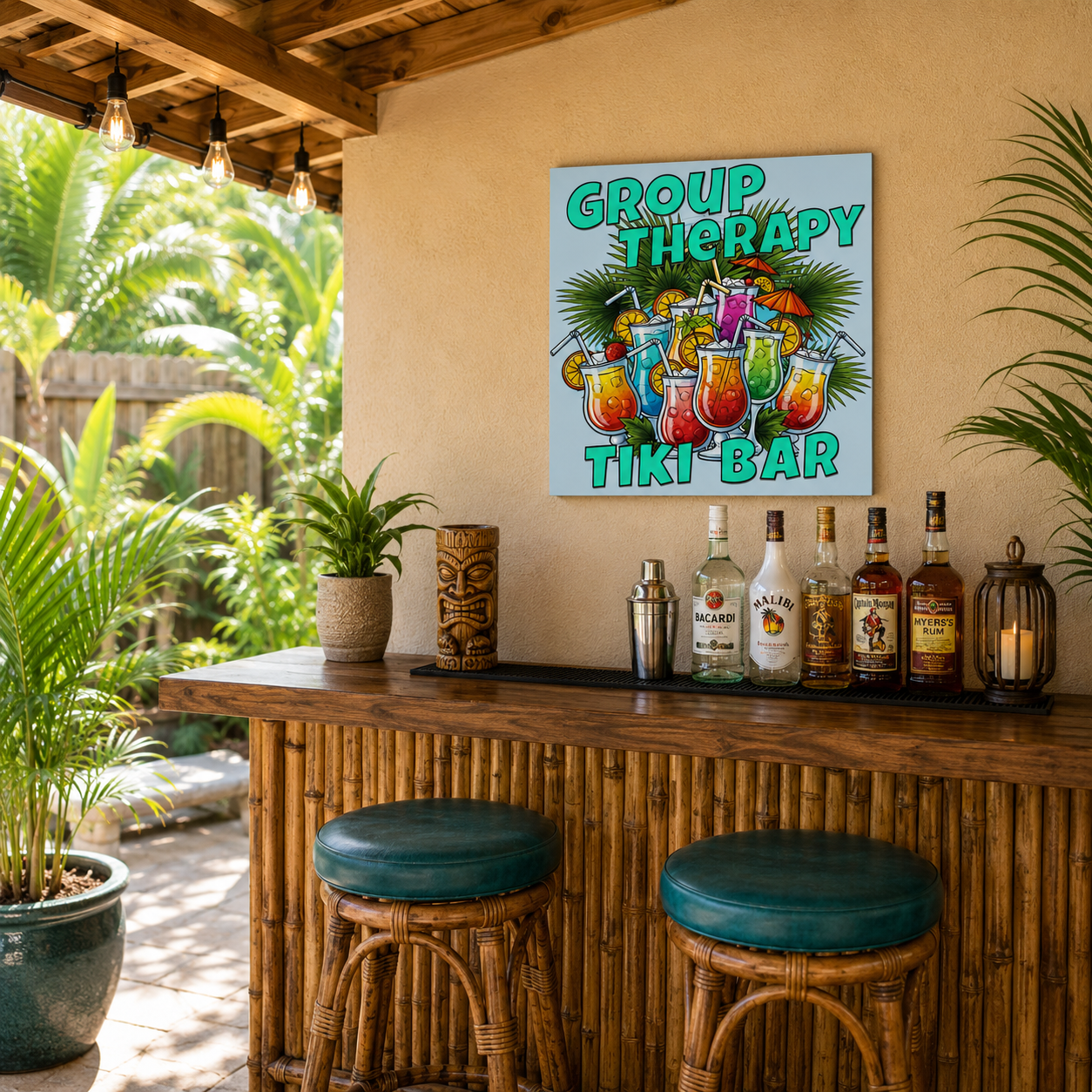 Tiki bar setup with tropical drinks and 'Group Therapy Tiki Bar' sign in a garden setting.