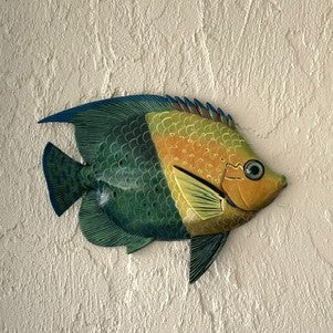 Tropical resin fish wall decor with green-blue scales, orange belly, yellow face, fins