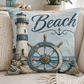 Square beach nautical throw pillow with lighthouse, 'Beach' text, and ship wheel