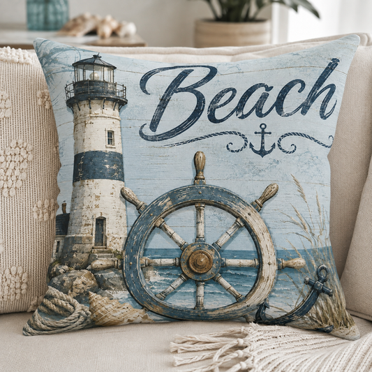 Square beach nautical throw pillow with lighthouse, 'Beach' text, and ship wheel