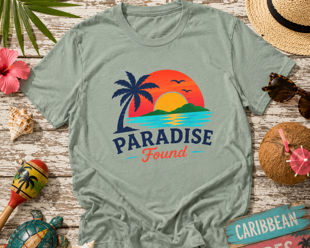 Green t-shirt with 'Paradise Found' design on a wooden surface with beach-themed items.