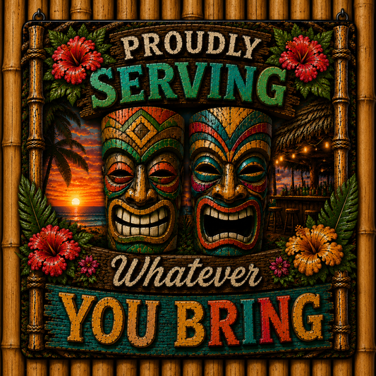 Decorative sign with tiki masks and floral elements on a bamboo background.