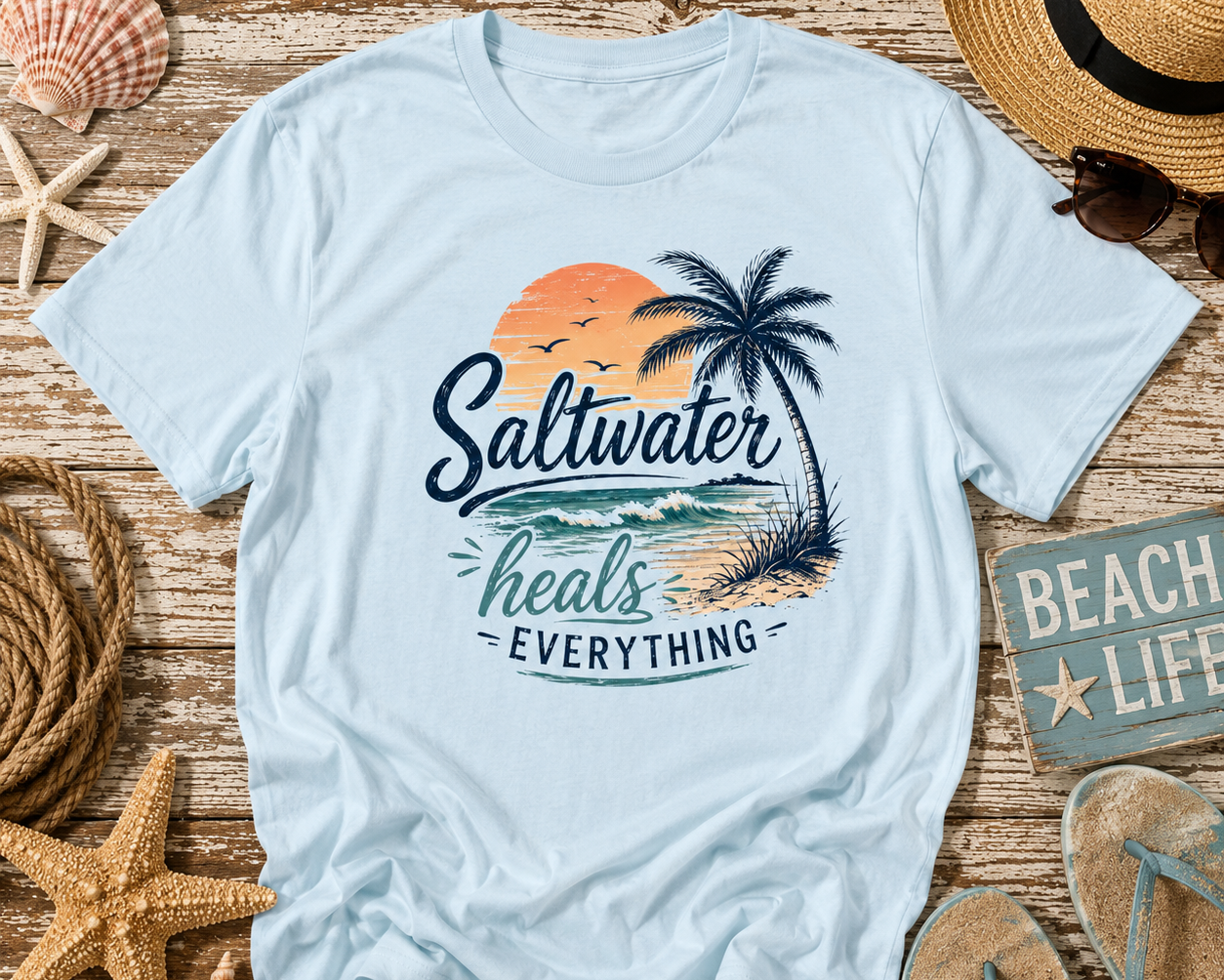 Light blue t-shirt with 'Saltwater heals everything' design on a wooden surface with beach-themed items.