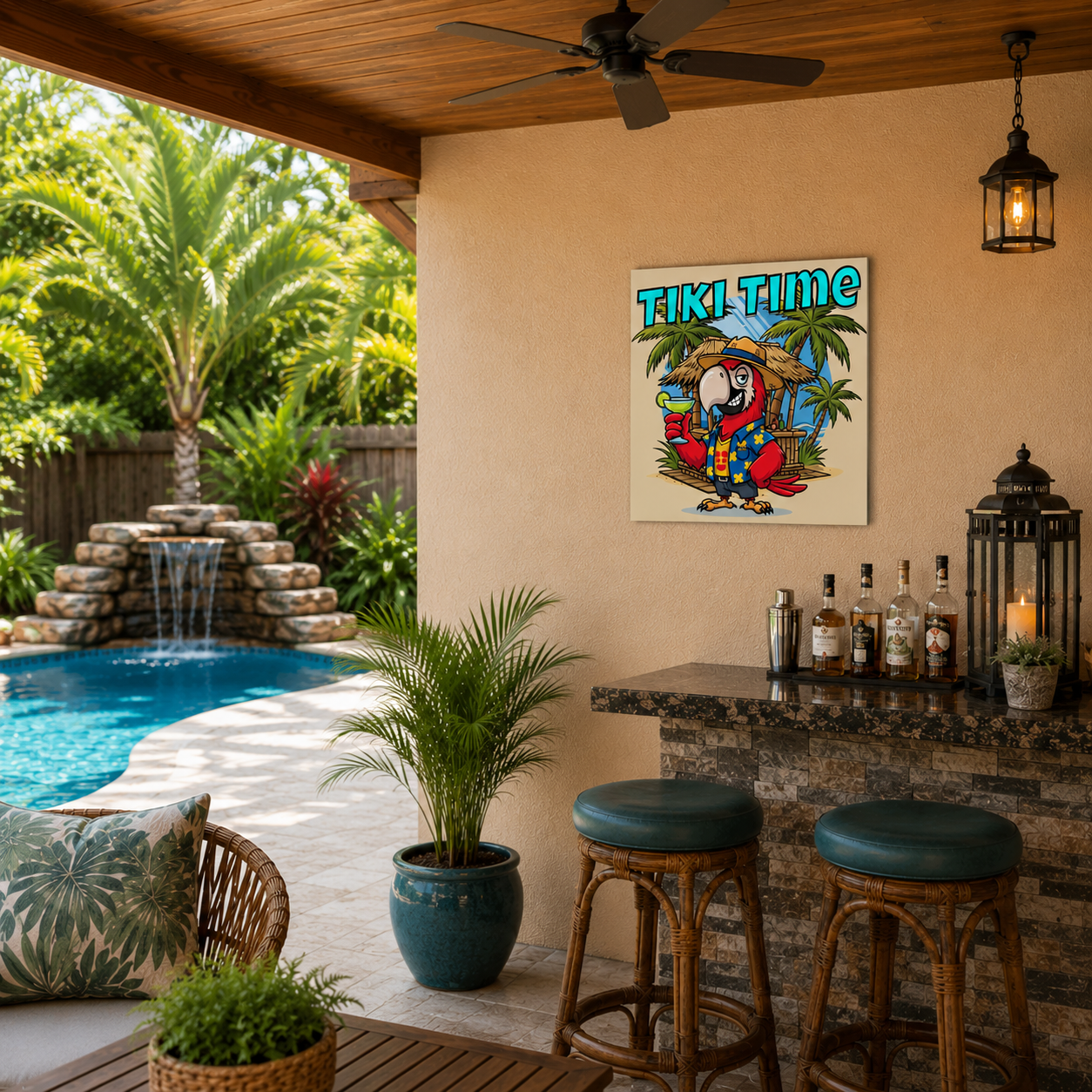 Outdoor patio with pool, bar area, and 'Tiki Time' sign.