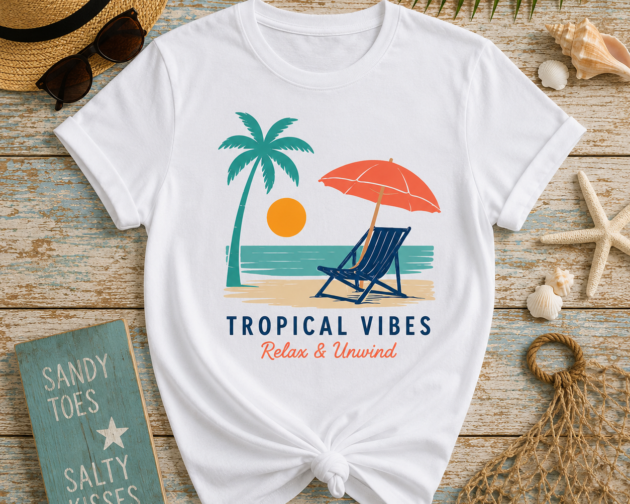 White t-shirt with tropical design featuring palm trees, a sun, and beach chair on a wooden surface with beach accessories.
