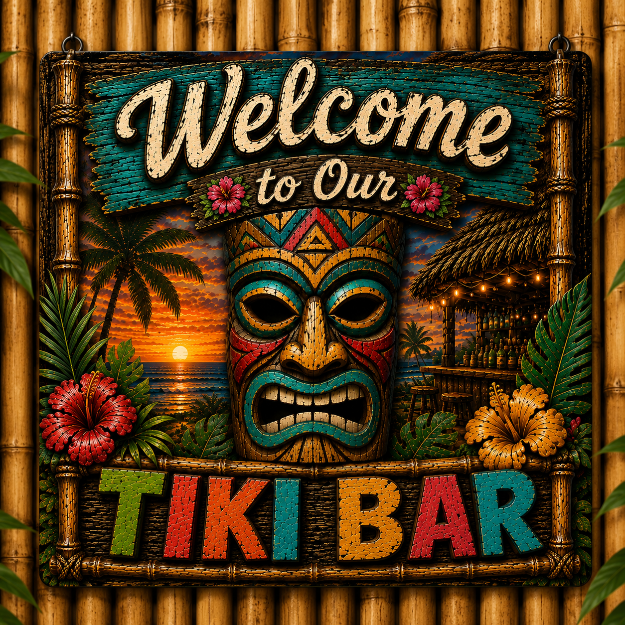 Decorative sign for a tiki bar with a colorful mask and sunset design.