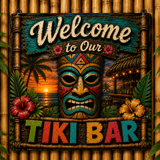 Decorative sign for a tiki bar with a colorful mask and sunset design.