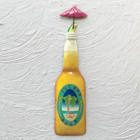 15in Metal Island Beer Bottle with Pink Umbrella Wall Decor by Caribbean Rays