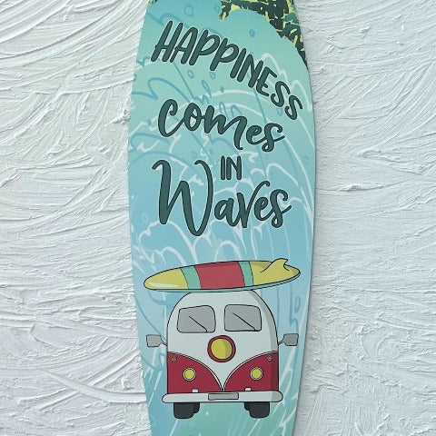 17in Happiness Comes in Waves Aluminum Metal Surfboard Sign at Caribbean Rays