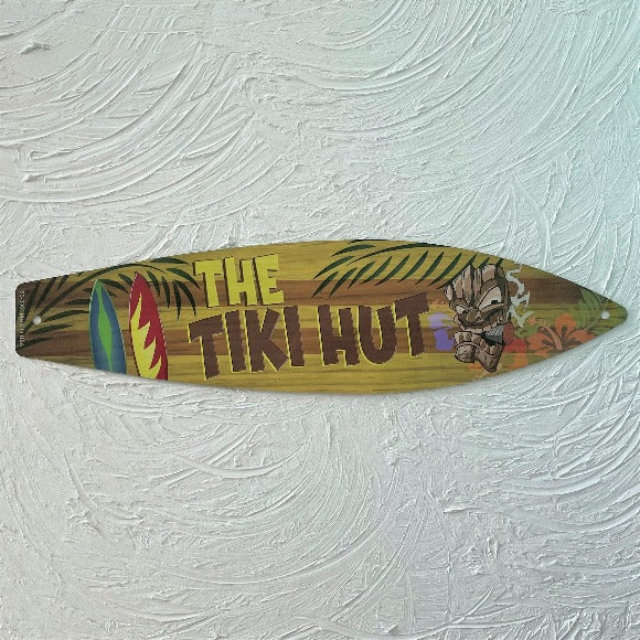 17in The Tiki Hut Aluminum Metal Surfboard Sign by Caribbean Rays