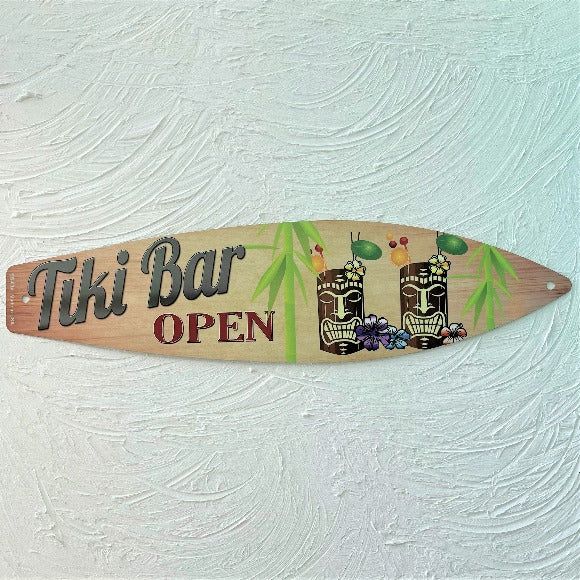 17in Tiki Bar Open Aluminum Metal Surfboard Sign by Caribbean Rays