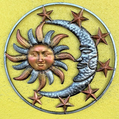 17in Metal Silver Bronze Sun Moon and Stars Wall Decor