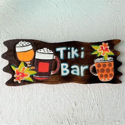 19in Tiki Bar Brown Wood Sign with Carved Tropical Drinks by Caribbean Rays