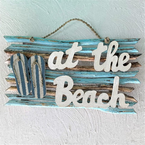 19in At The Beach Driftwood Wood Sign by Caribbean Rays
