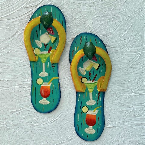 2pc 9in Teal Tropical Drink Flip Flop Metal Wall Decor by Caribbean Rays