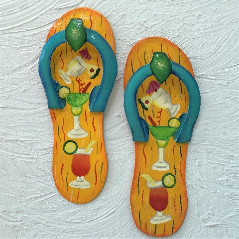 2pc 9in Yellow Tropical Drink Flip Flop Metal Wall Decor by Caribbean Rays