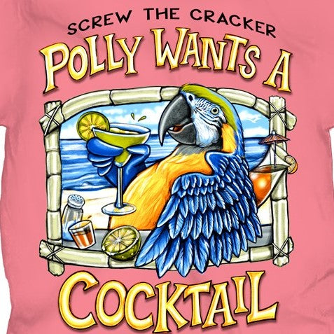 Polly Wants A Cocktail Short Sleeve Coral Tropical T-shirt at Caribbean Rays