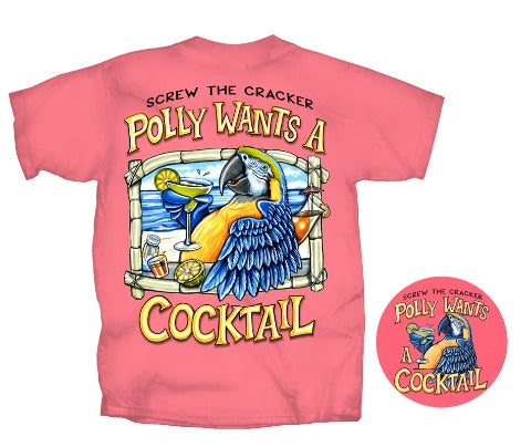 Polly Wants A Cocktail Short Sleeve Coral Tropical Design T-shirt by Caribbean Rays