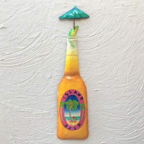 15in Metal Island Beer Bottle with Teal Umbrella Wall Decor by Caribbean Rays