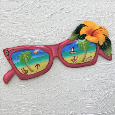 14in Coral Metal Sunglasses with Yellow Hibiscus Wall Art by Caribbean Rays