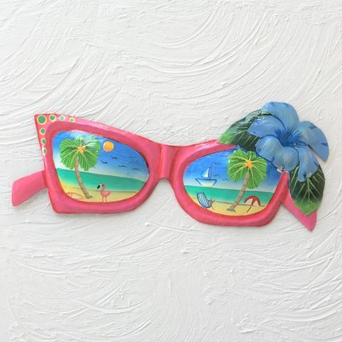 14in Coral Metal Sunglasses with Blue Hibiscus Wall Accent by Caribbean Rays
