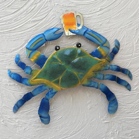 13in Metal Blue Crab with Beer Wall Decor