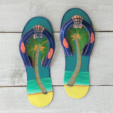 2pc Palm Tree Flip Flop Teal and Blue Metal Wall Decor by Caribbean Rays
