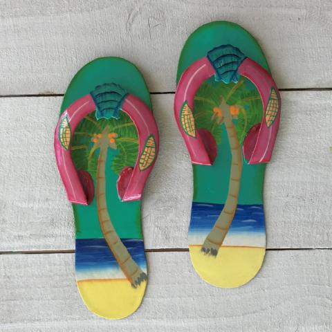  2pc 9in Aqua & Pink Palm Flip Flop Metal Wall Decor by Caribbean Rays