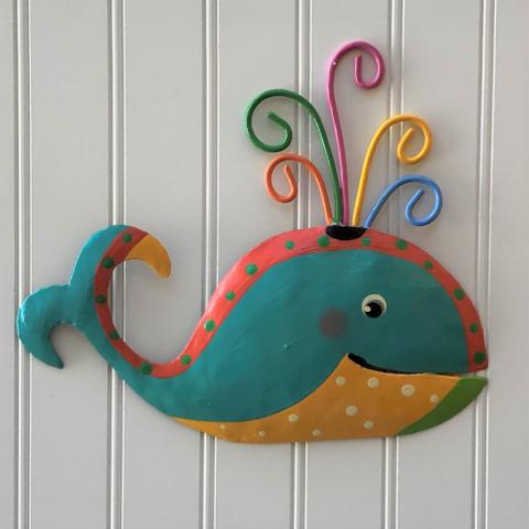 Whimsical Pink Teal and Yellow Whale Metal Wall Art by Caribbean Rays