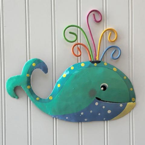 Whimsical Teal and Blue Whale Metal Wall Art by Caribbean Rays