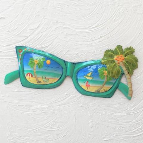14in Teal Metal Sunglasses with Palm Tree Wall Art by Caribbean Rays