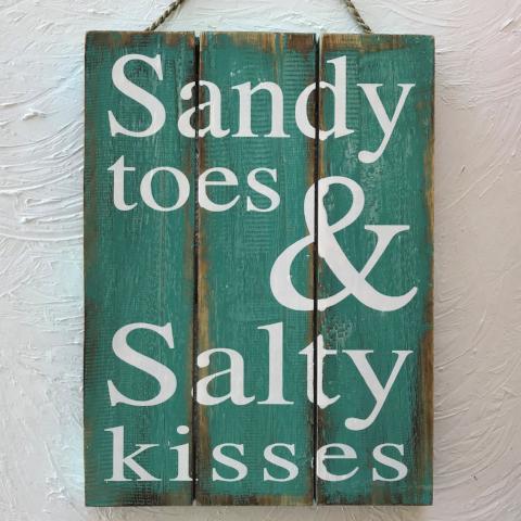 16in Sandy Toes and Salty Kisses Teal Wood Sign by Caribbean Rays