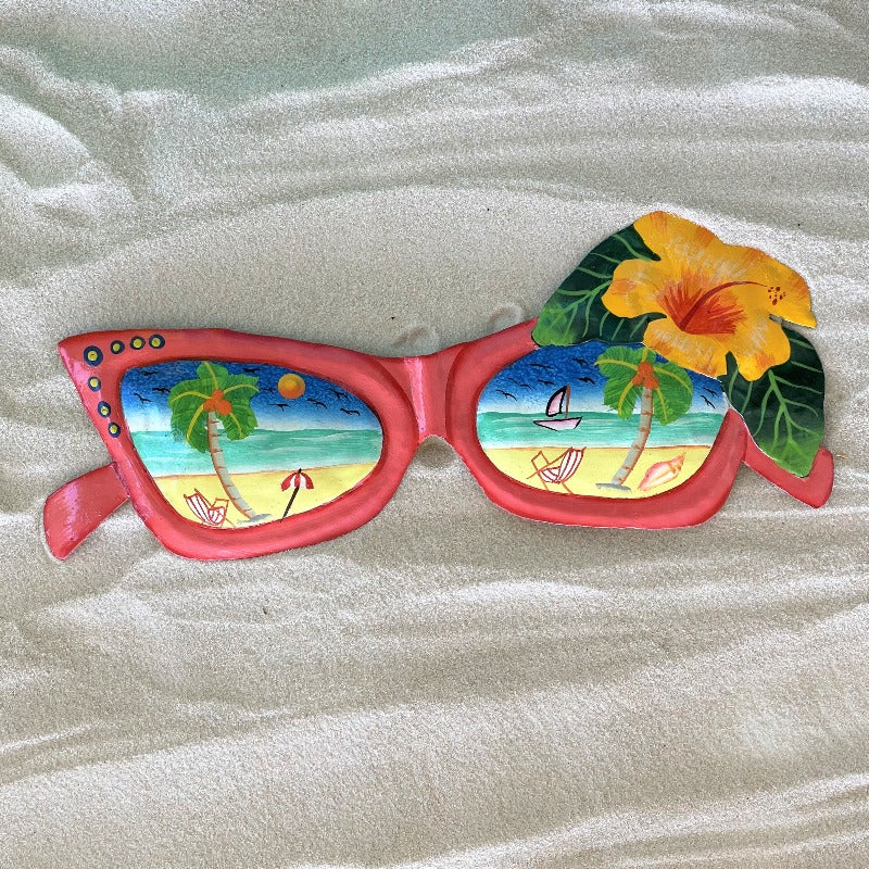 14in Coral Metal Sunglasses with Yellow Hibiscus Wall Art at Caribbean Rays