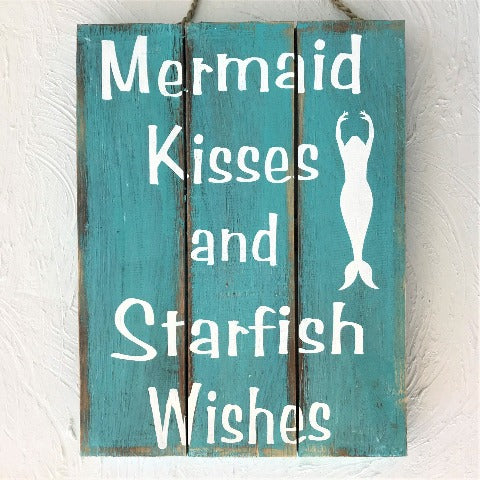 16in Distressed Mermaid Kisses Wood Sign by Caribbean Rays