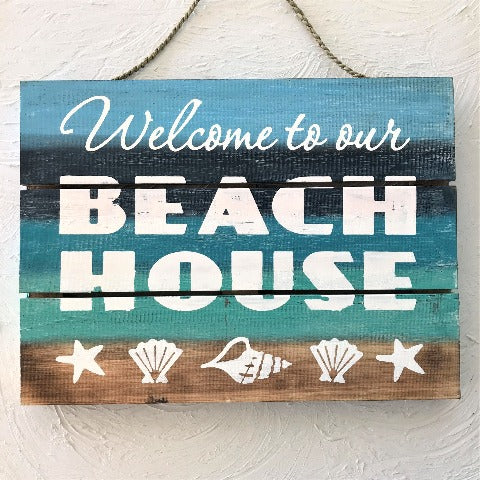 16in Distressed Multi-Color Welcome to our Beach House Wood Sign by Caribbean Rays